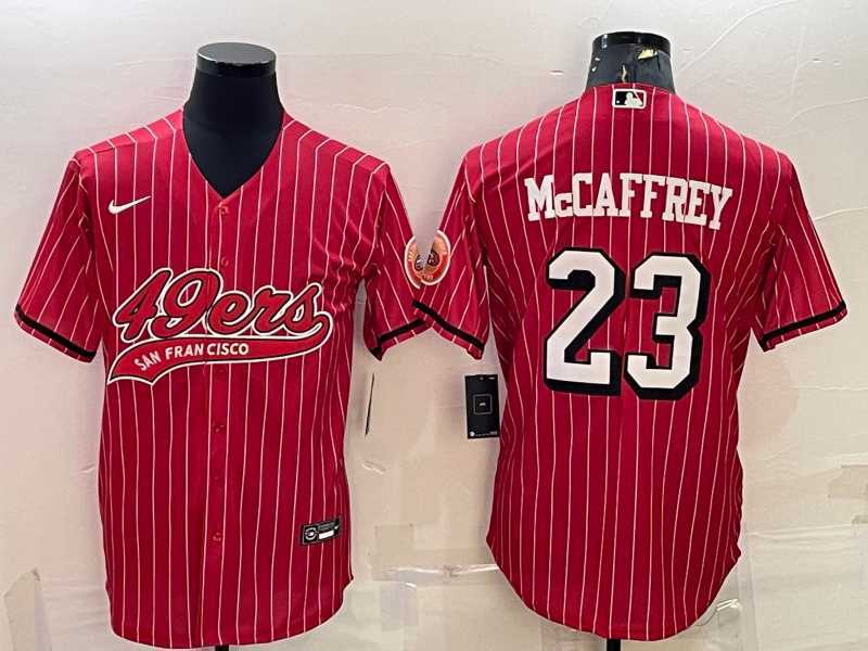 Men%27s San Francisco 49ers #23 Christian McCaffrey Red Pinstripe Color Rush With Patch Cool Base Stitched Baseball Jersey